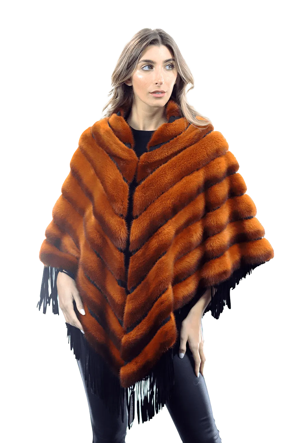 Tonal Ribbed Mink Poncho with Leather Fringes - Orange