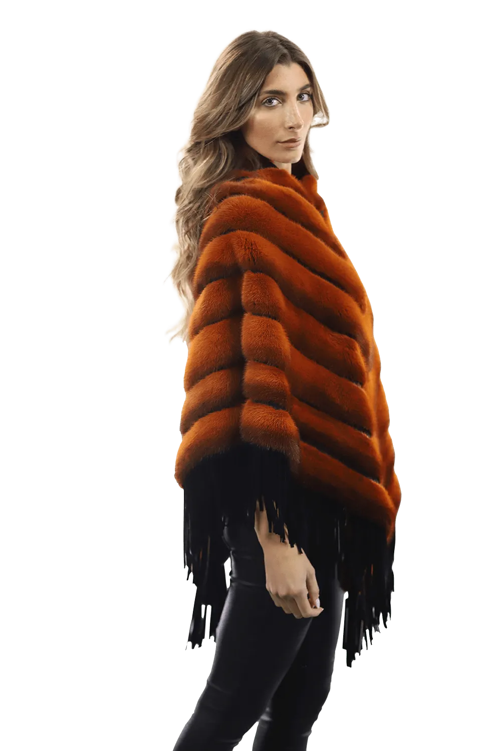 Tonal Ribbed Mink Poncho with Leather Fringes - Orange