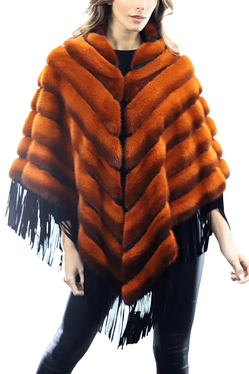 Tonal Ribbed Mink Poncho with Leather Fringes - Orange