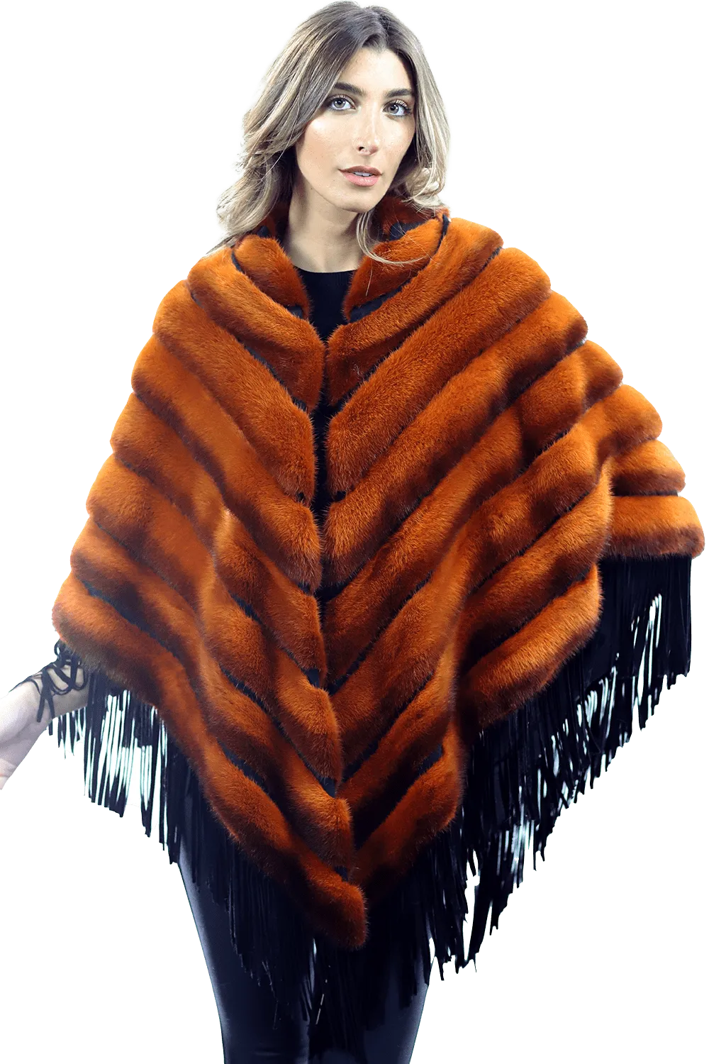 Tonal Ribbed Mink Poncho with Leather Fringes - Orange