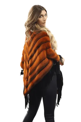 Tonal Ribbed Mink Poncho with Leather Fringes - Orange