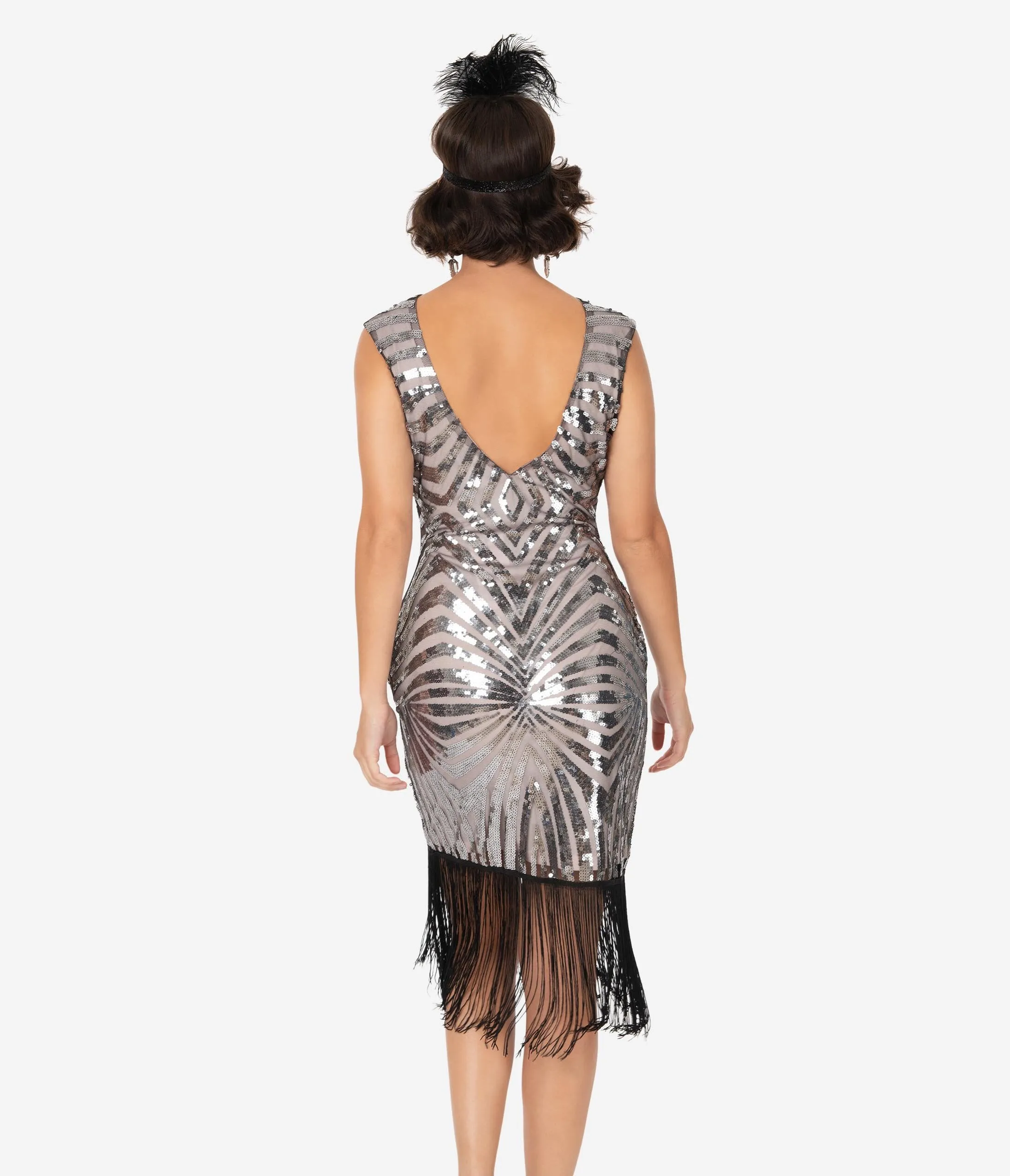 Unique Vintage Silver Sequin & Black Fringe Sandrine Flapper Dress