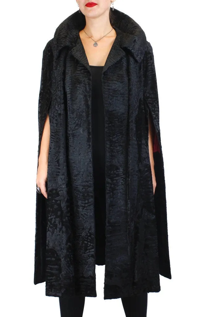 Vintage Black Broadtail Fur Cape w/ Broadtail Belt -M