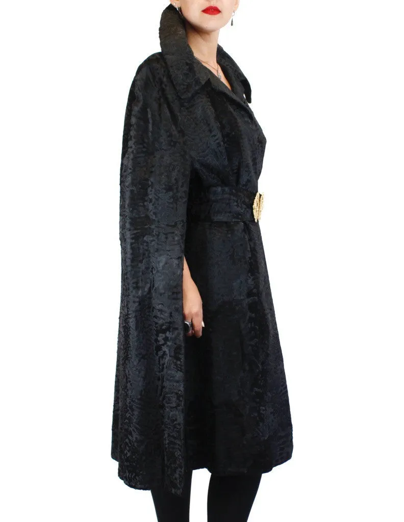 Vintage Black Broadtail Fur Cape w/ Broadtail Belt -M