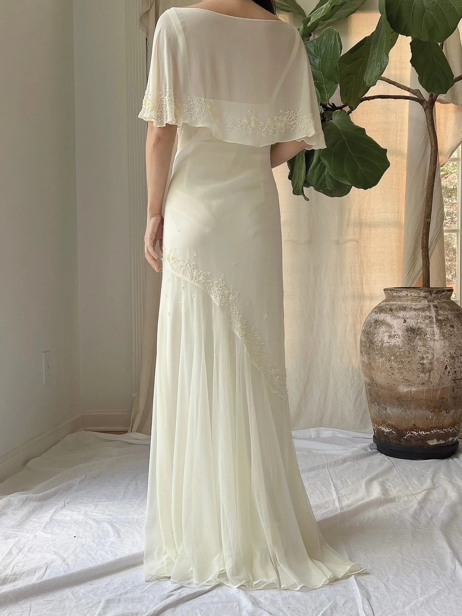 Vintage Chiffon Cape Sleeves Gown - M