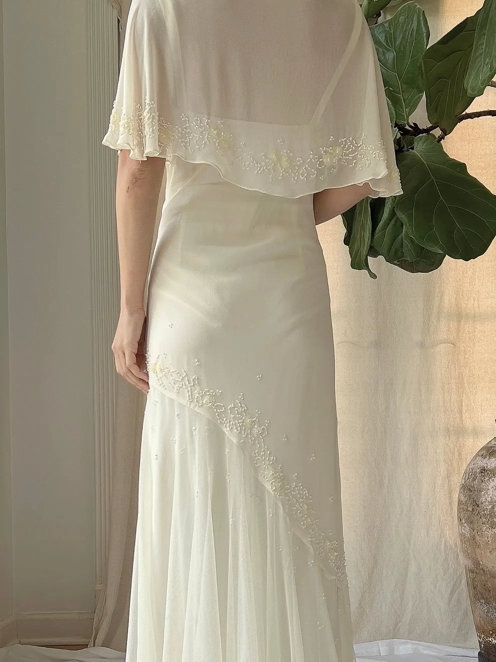 Vintage Chiffon Cape Sleeves Gown - M