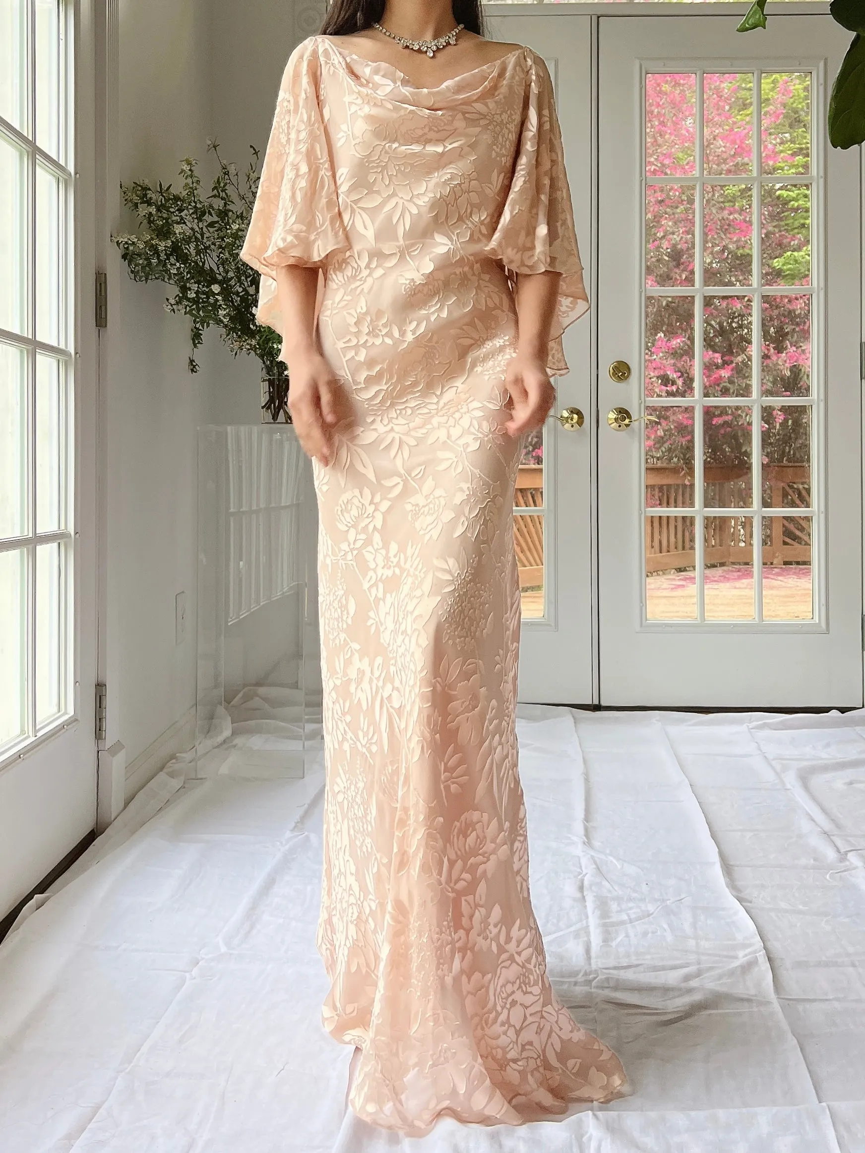 Vintage Chiffon Devore Cape Sleeves Gown - M