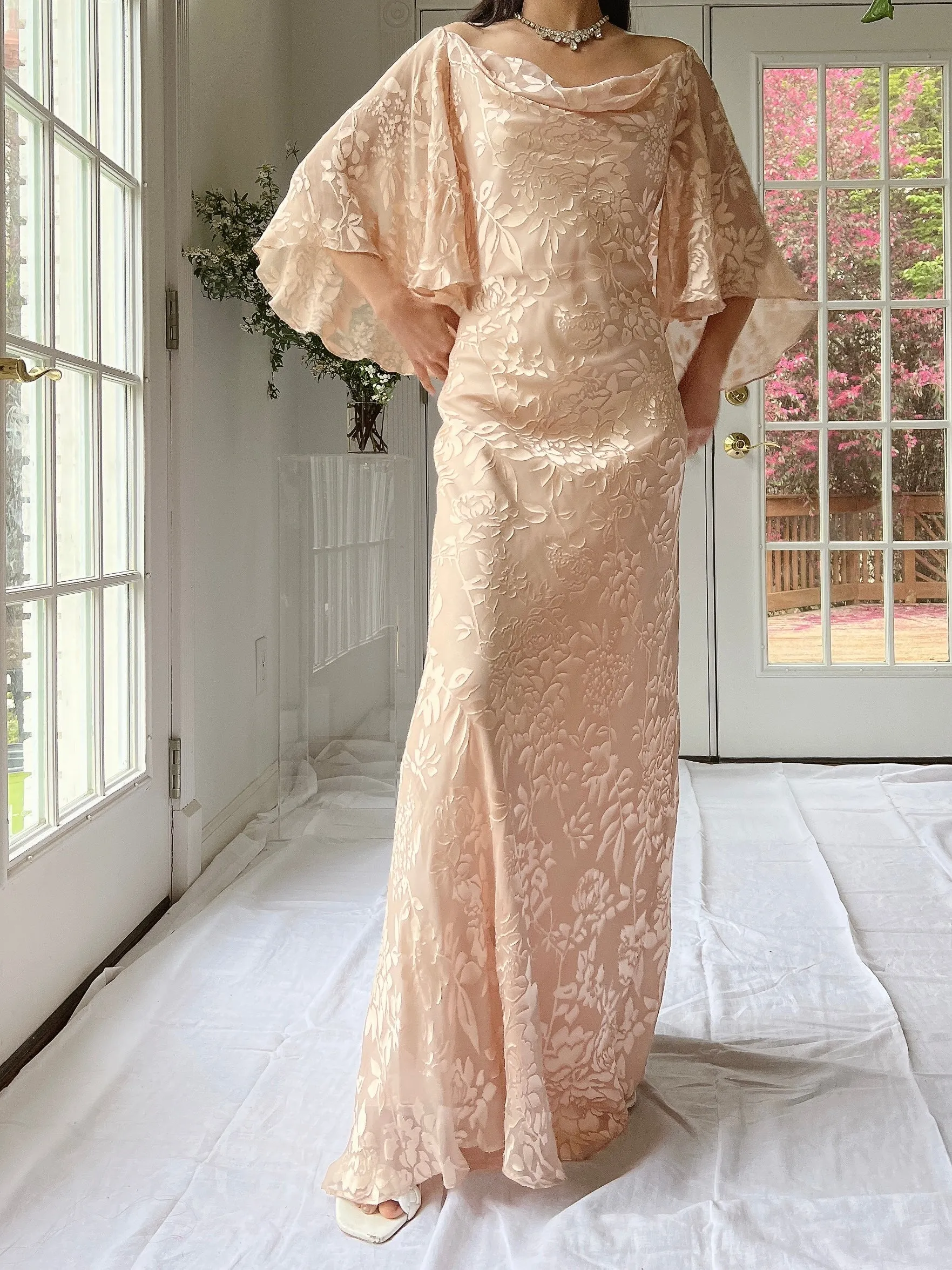 Vintage Chiffon Devore Cape Sleeves Gown - M