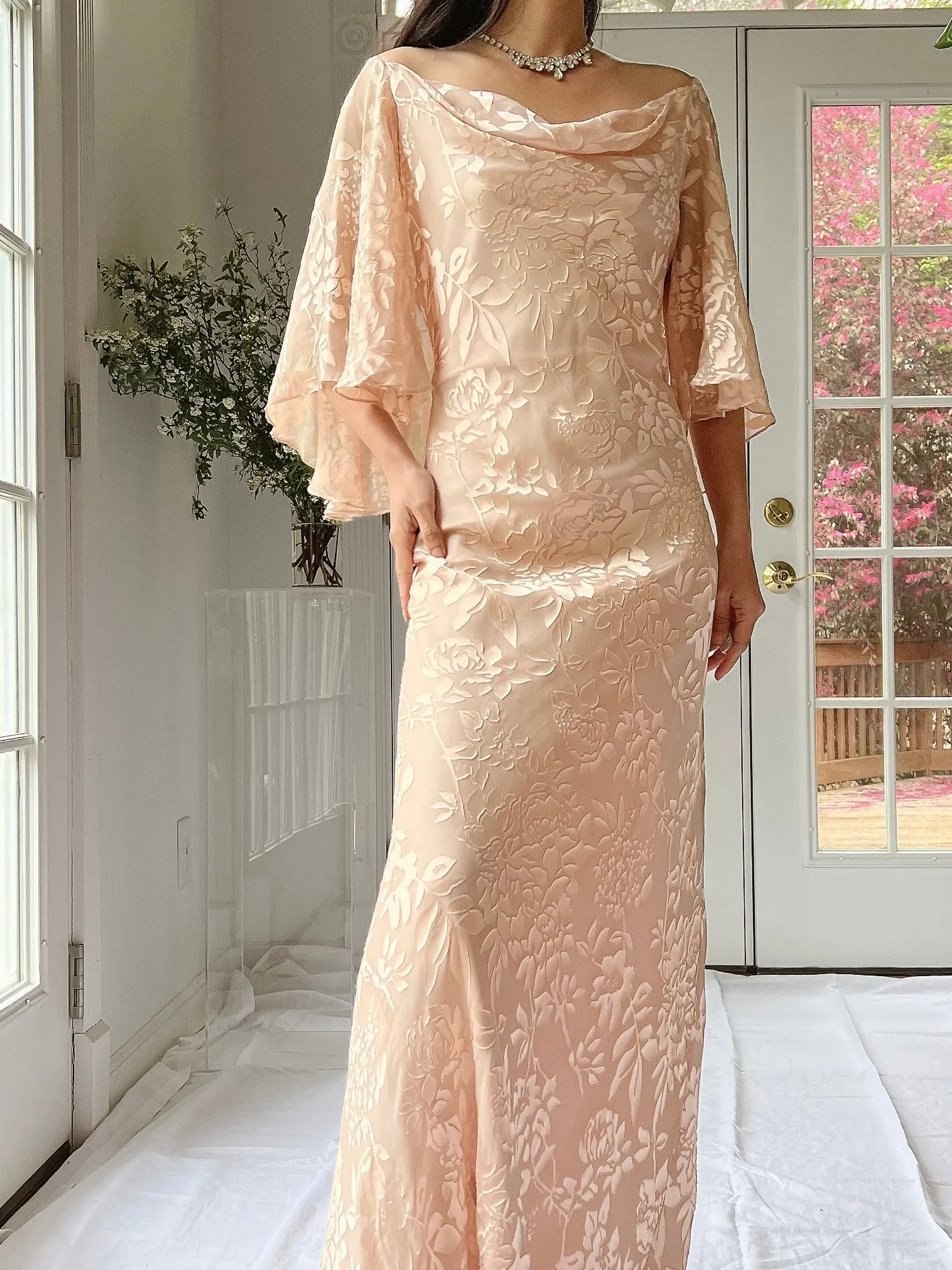 Vintage Chiffon Devore Cape Sleeves Gown - M