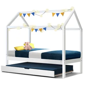 White Single Size Pine Wood Bed Frame   Trundle House Shape Kids Bedroom (No Mattress)