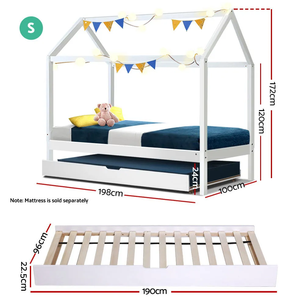 White Single Size Pine Wood Bed Frame   Trundle House Shape Kids Bedroom (No Mattress)