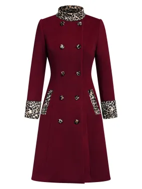 Wine Red 1940s Leopard Patchwork Button Coat