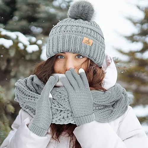 Winter Hat Scarf Gloves and Ear Warmer, Warm Knit Beanie Hat Touch Screen Gloves Set Winter Gifts Neck Scarves for Women