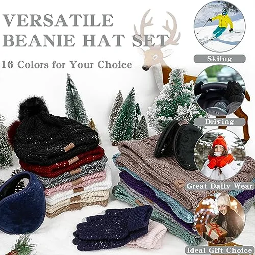 Winter Hat Scarf Gloves and Ear Warmer, Warm Knit Beanie Hat Touch Screen Gloves Set Winter Gifts Neck Scarves for Women