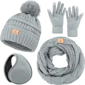 Winter Hat Scarf Gloves and Ear Warmer, Warm Knit Beanie Hat Touch Screen Gloves Set Winter Gifts Neck Scarves for Women