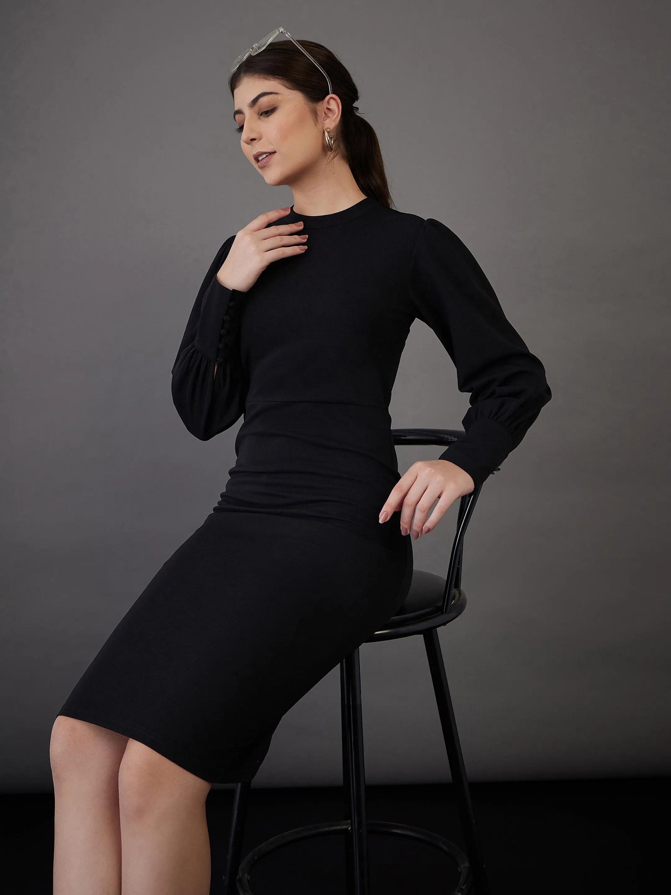 Women Black Puff Sleeves Bodycon Midi Dress